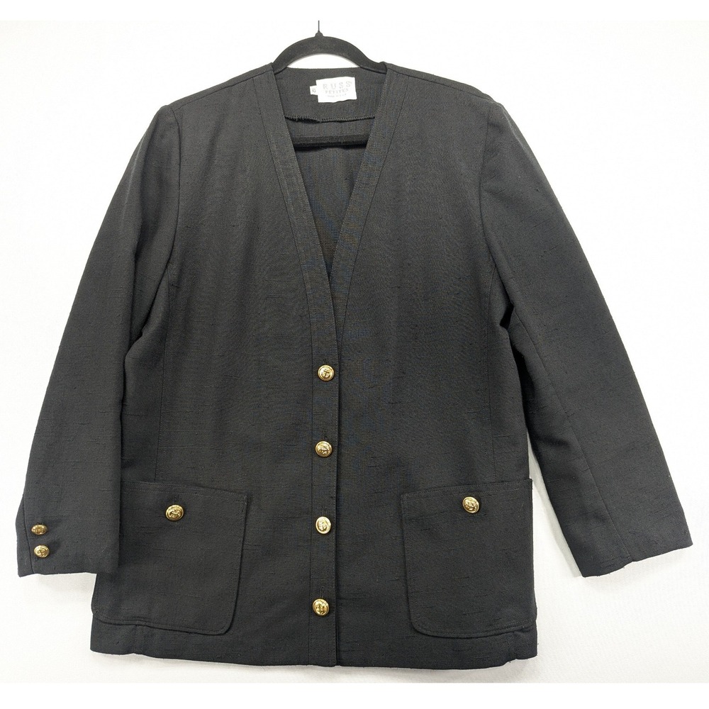 Vintage Russ Petites Black Collarless‎ Blazer Gold Crest Button Jacket Size 12
